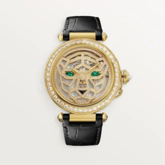 Andra Panthere-smyckesklockor – 41 mm, mekaniskt urverk med manuell uppdragning, 18 karats gult guld, diamanter, utbytbara läderarmband – Cartier