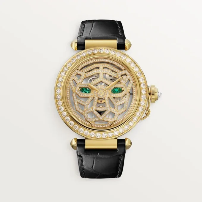 Andra Panthere-smyckesklockor – 41 mm, mekaniskt urverk med manuell uppdragning, 18 karats gult guld, diamanter, utbytbara läderarmband – Cartier Andra Panthere-smyckesklockor – 41 mm, mekaniskt urverk med manuell uppdragning, 18 karats gult guld, diamanter, utbytbara läderarmband – Cartier