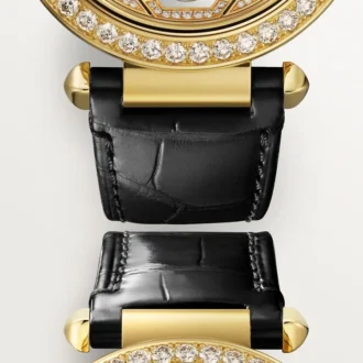 Andra Panthere-smyckesklockor – 41 mm, mekaniskt urverk med manuell uppdragning, 18 karats gult guld, diamanter, utbytbara läderarmband – Cartier