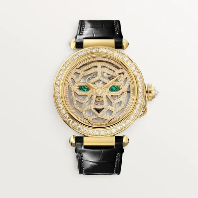Andra Panthere-smyckesklockor – 41 mm, mekaniskt urverk med manuell uppdragning, 18 karats gult guld, diamanter, utbytbara läderarmband – Cartier Andra Panthere-smyckesklockor – 41 mm, mekaniskt urverk med manuell uppdragning, 18 karats gult guld, diamanter, utbytbara läderarmband – Cartier