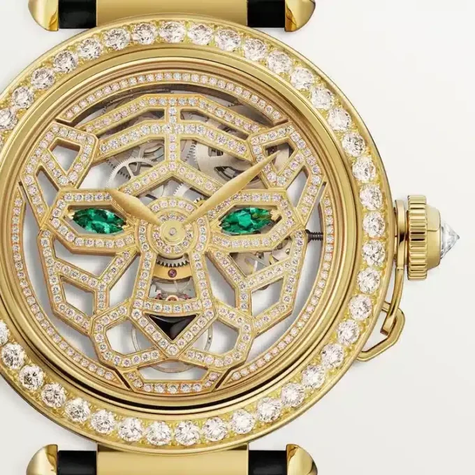 Andra Panthere-smyckesklockor – 41 mm, mekaniskt urverk med manuell uppdragning, 18 karats gult guld, diamanter, utbytbara läderarmband – Cartier Andra Panthere-smyckesklockor – 41 mm, mekaniskt urverk med manuell uppdragning, 18 karats gult guld, diamanter, utbytbara läderarmband – Cartier