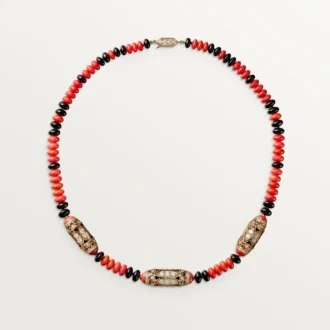 Högklassigt smycke – Halsband – Roséguld, korall, onyx, svart lack, diamanter – Cartier Högklassigt smycke – Halsband – Roséguld, korall, onyx, svart lack, diamanter – Cartier