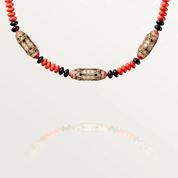 Högklassigt smycke – Halsband – Roséguld, korall, onyx, svart lack, diamanter – Cartier Högklassigt smycke – Halsband – Roséguld, korall, onyx, svart lack, diamanter – Cartier