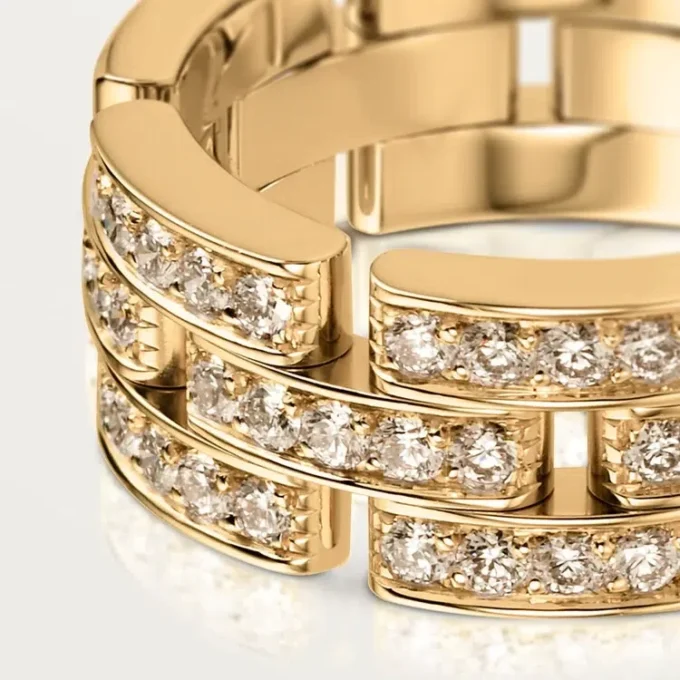 Maillon Panthere-ring, 3 halva rader med diamantbeläggning – gult guld, diamanter – Cartier Maillon Panthere-ring, 3 halva rader med diamantbeläggning – gult guld, diamanter – Cartier
