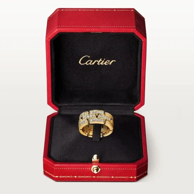 Maillon Panthere-ring, 3 halva rader med diamantbeläggning – gult guld, diamanter – Cartier Maillon Panthere-ring, 3 halva rader med diamantbeläggning – gult guld, diamanter – Cartier