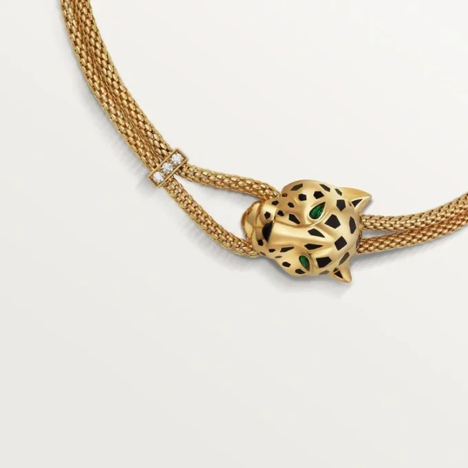 Panthere De Cartier-halsband – gult guld, lack, diamanter, tsavoritgranat, onyx – Cartier