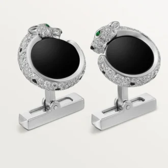 Panthere De Cartier manschettknappar – rodierat vitt guld, diamanter, smaragder, onyx – Cartier