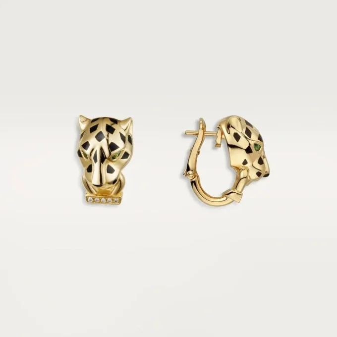 Panthere De Cartier-örhängen – gult guld, lack, diamanter, tsavoritgranater, onyx – Cartier Panthere De Cartier-örhängen – gult guld, lack, diamanter, tsavoritgranater, onyx – Cartier