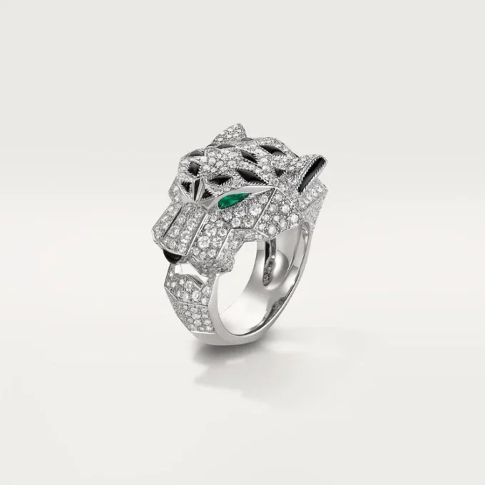 Panthere De Cartier-ring – vitguld, diamanter, smaragder, onyx – Cartier